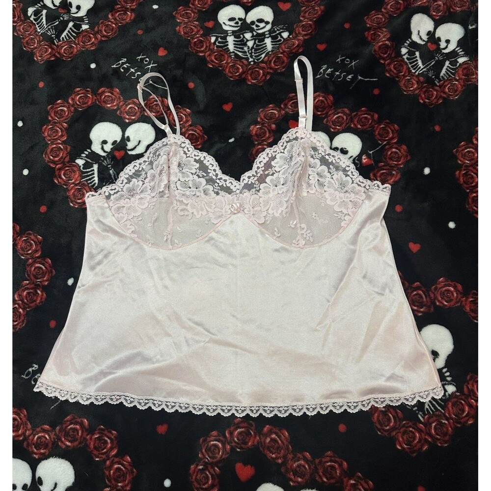 VTG 80s/90s Pastel Pink Lace Nylon Cami L/XL Adjustable Strap Fairy Y2K Coquette